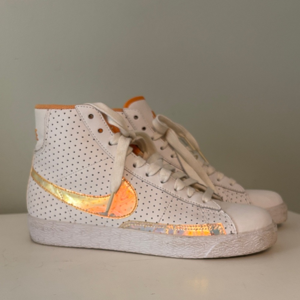Nike White and Gold Perforated High-Top Blazers